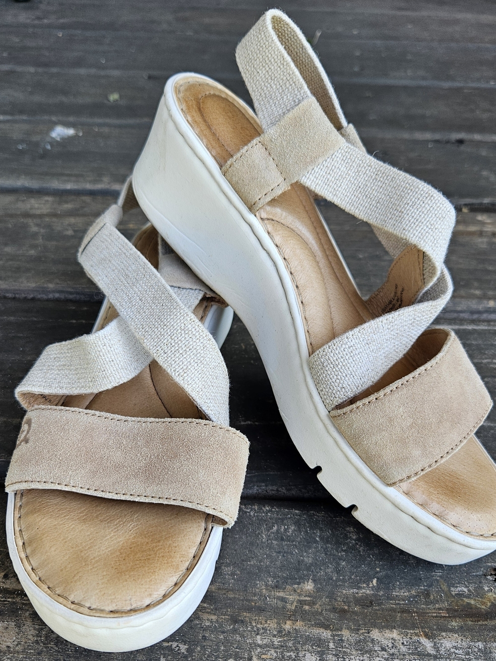 Born Park Leather Elastic Platform Wedge Sandals Tan Beige Women's Size 7M